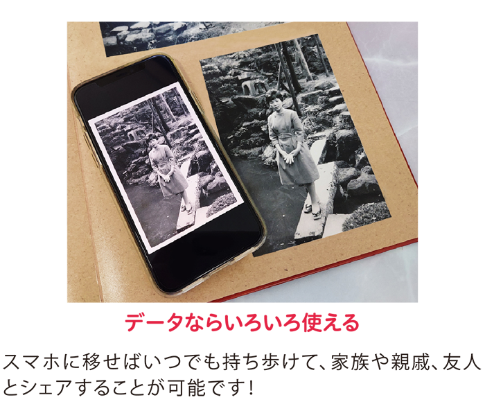 スマホに移せばいつでも持ち歩けて、家族や親戚、友人とシェアすることが可能です。